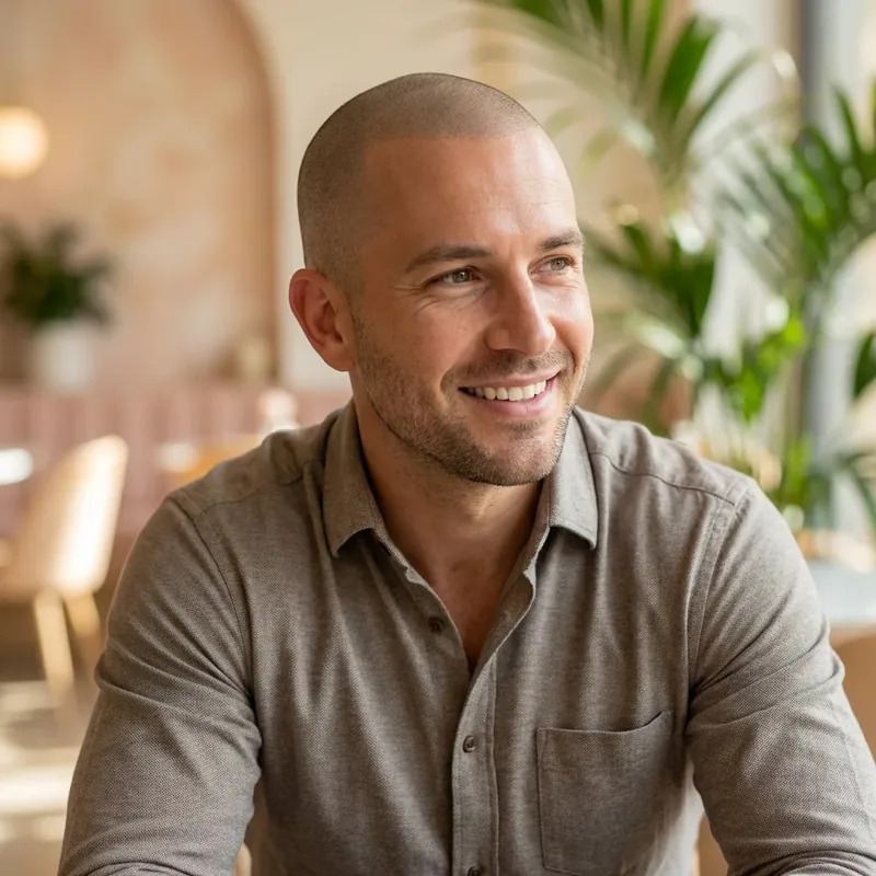 Man with a natural buzz-cut hairline created with scalp micropigmentation at Derma Follic SMP in San Francisco